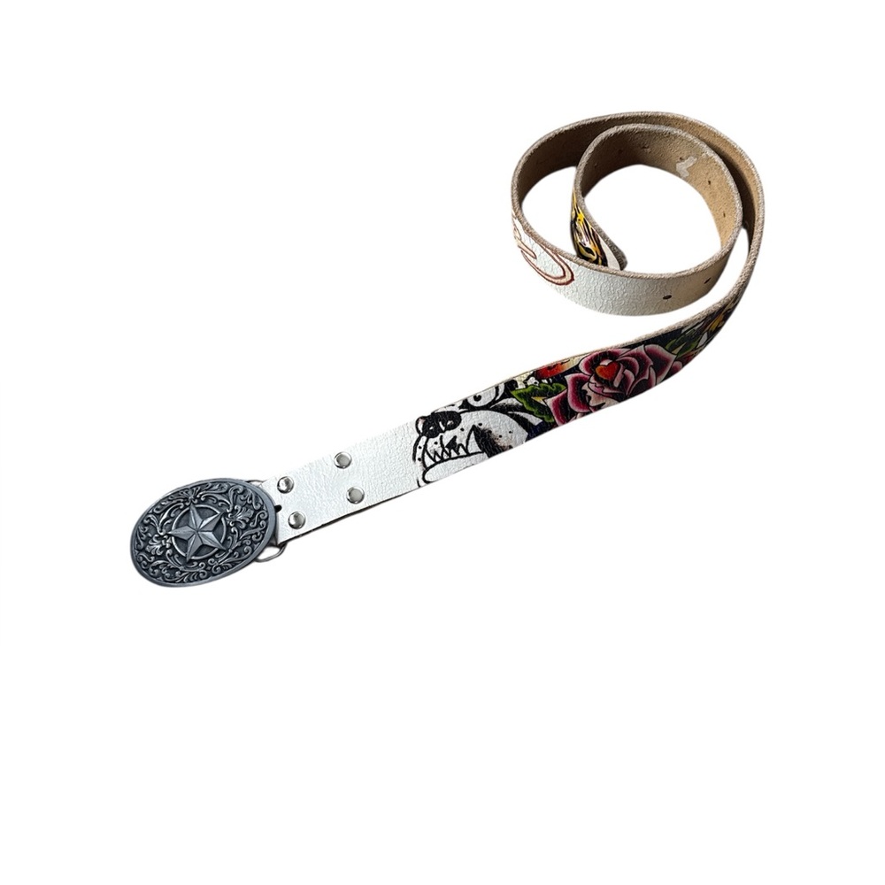 Vintage Ed Hardy White Leather Belt With Star Buckle Size 34‎